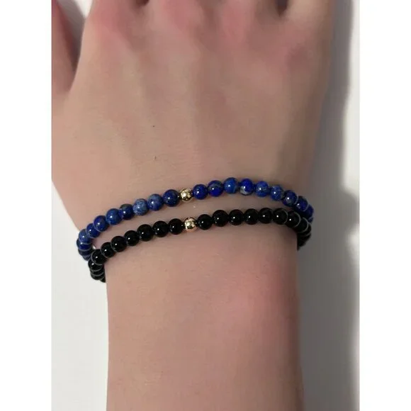 Onyx & Lapis Lazuli Gemstone Stretch Bracelet with 14K Gold Accent Bead Handmade - Picture 6 of 7